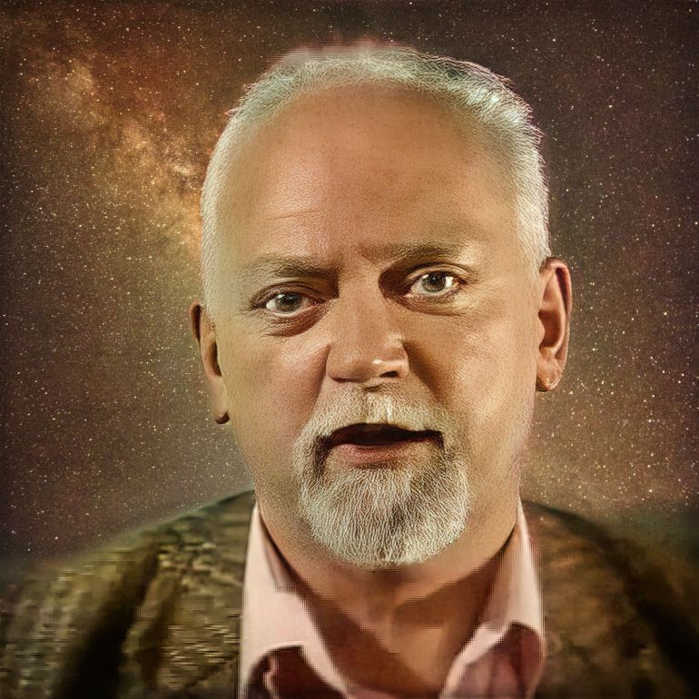 Robert Anton Wilson - AI-upscaled image with added background.