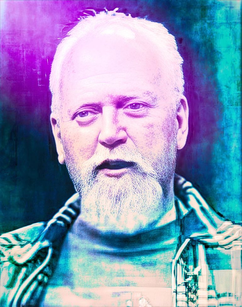 Robert Anton Wilson - AI-upscaled image with neon filter effect.