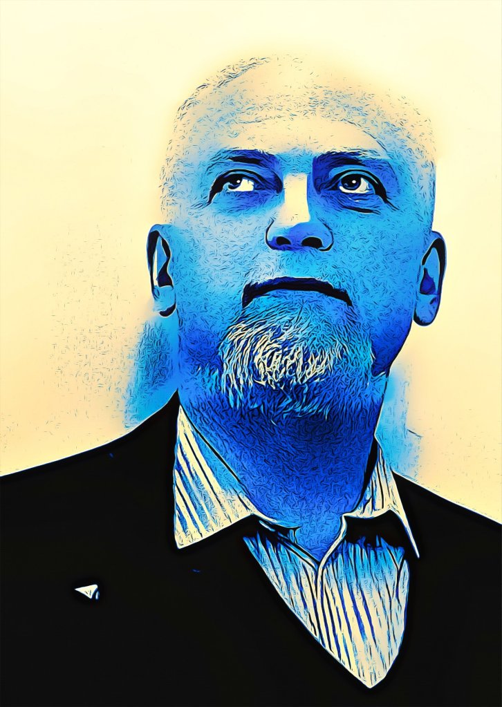 Robert Anton Wilson - upscaled image with comic-book filter effect.