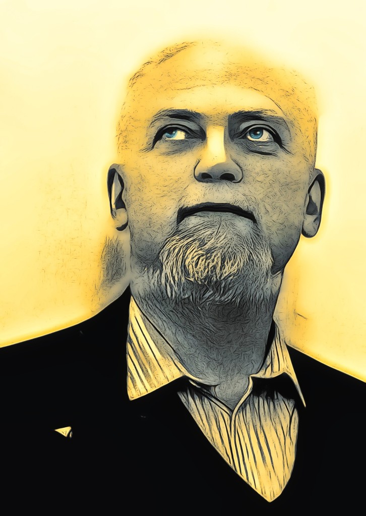 Robert Anton Wilson - upscaled image with comic-book filter effect.